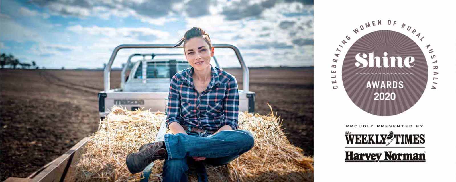 2020 Shine Awards logo plus the 2019 Shine Awards winner, Margy Perkuhn, sitting on a truck.