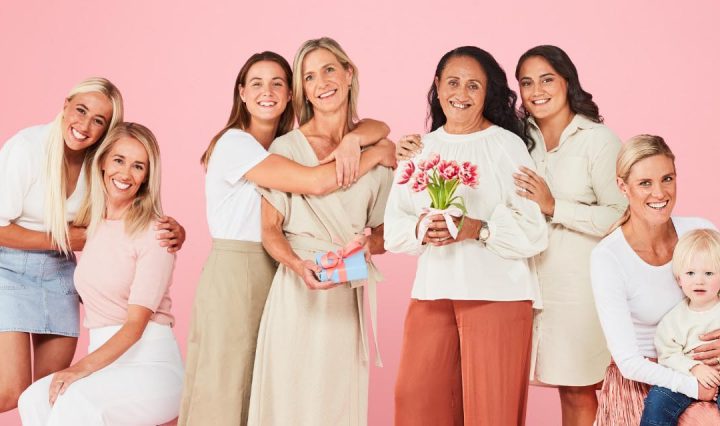 Surfer Sage Goldsbury, AFLW Player Nicola Barr, NRLW Player Annetter Brander and their Mums, and Paralympic Triathlete Kate Naess and her son.