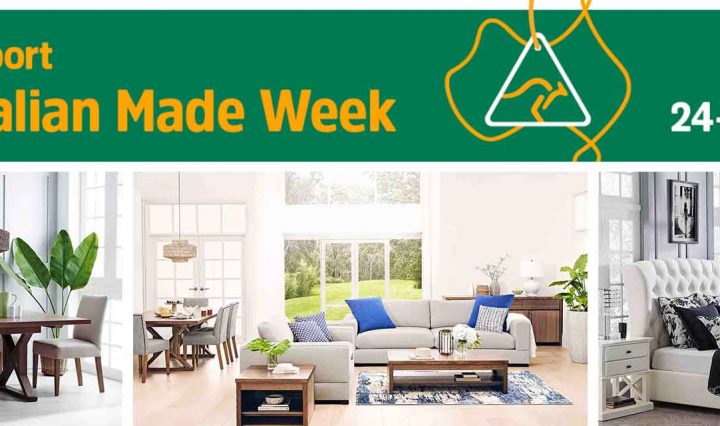 Australian Made Week graphic and images of an Australian Made Table,, Australian Made Lounge and Australian Made Bed available from Harvey Norman.