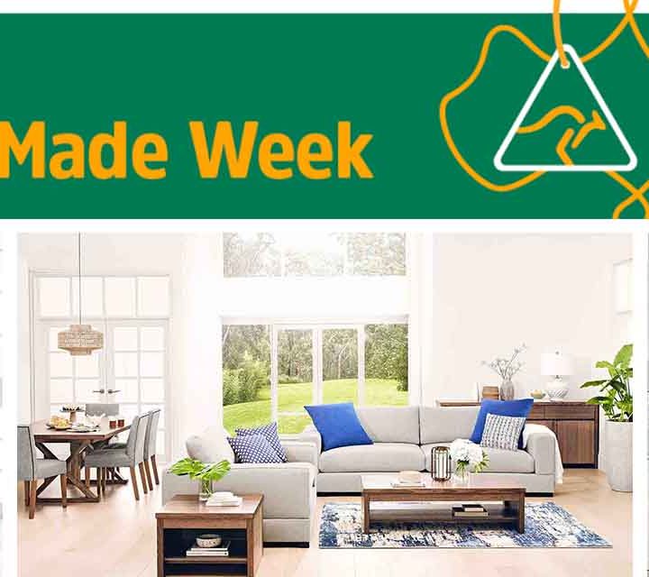 Australian Made Week graphic and images of an Australian Made Table,, Australian Made Lounge and Australian Made Bed available from Harvey Norman.