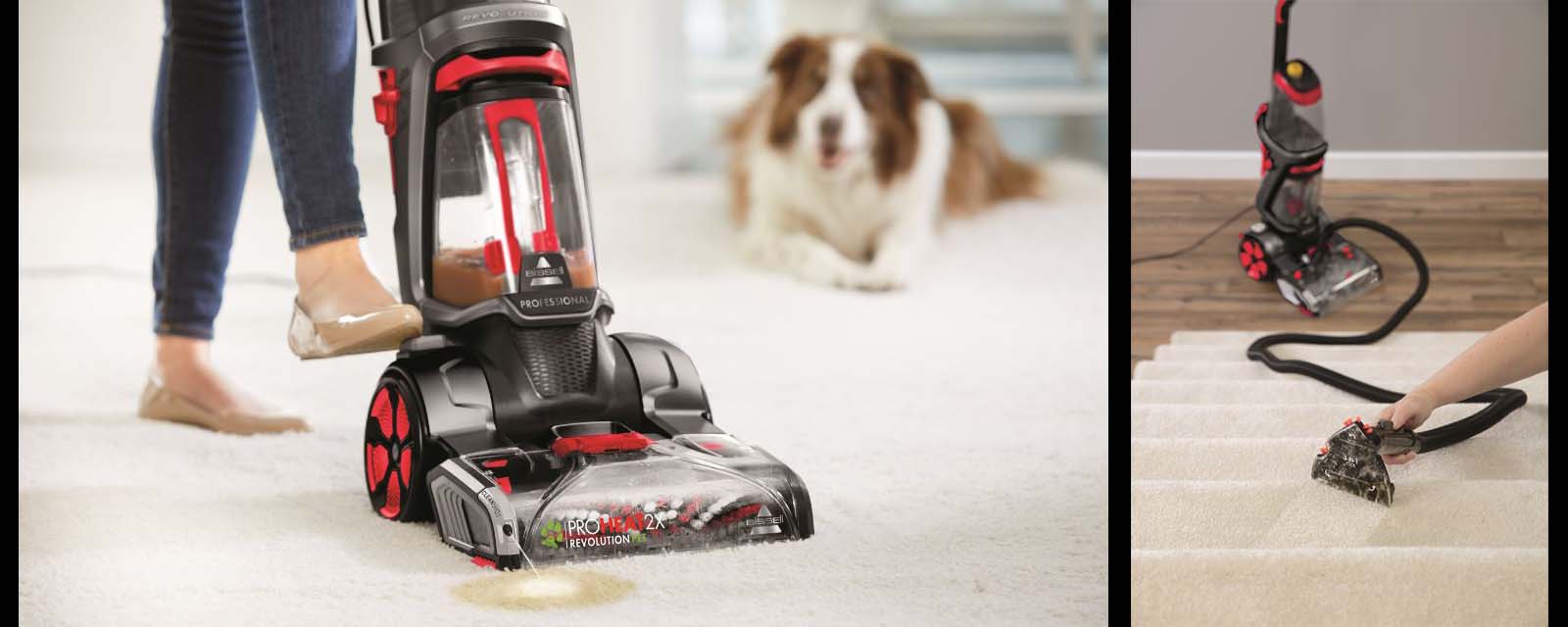 The BISSELL ProHeat 2X Revolution Pet Pro being used on carpet floor and stairs.