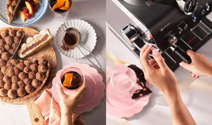 A collage of two photos. One the left side is the Chocolate and Espresso Banoffee Tart with a slice removed. On the right side is a close-up of someone using a coffee machine.