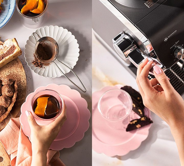 A collage of two photos. One the left side is the Chocolate and Espresso Banoffee Tart with a slice removed. On the right side is a close-up of someone using a coffee machine.