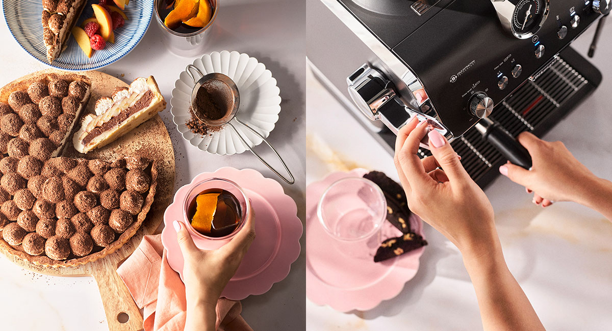 A collage of two photos. One the left side is the Chocolate and Espresso Banoffee Tart with a slice removed. On the right side is a close-up of someone using a coffee machine.