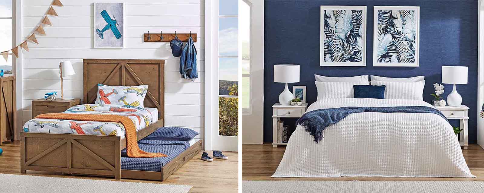 A trundle bed and a queen size bed.