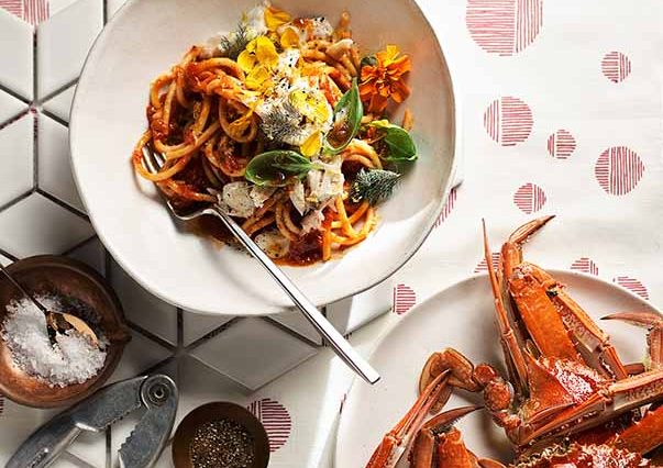 Blue swimmer crab with bucatini, tomato and verbena butter.