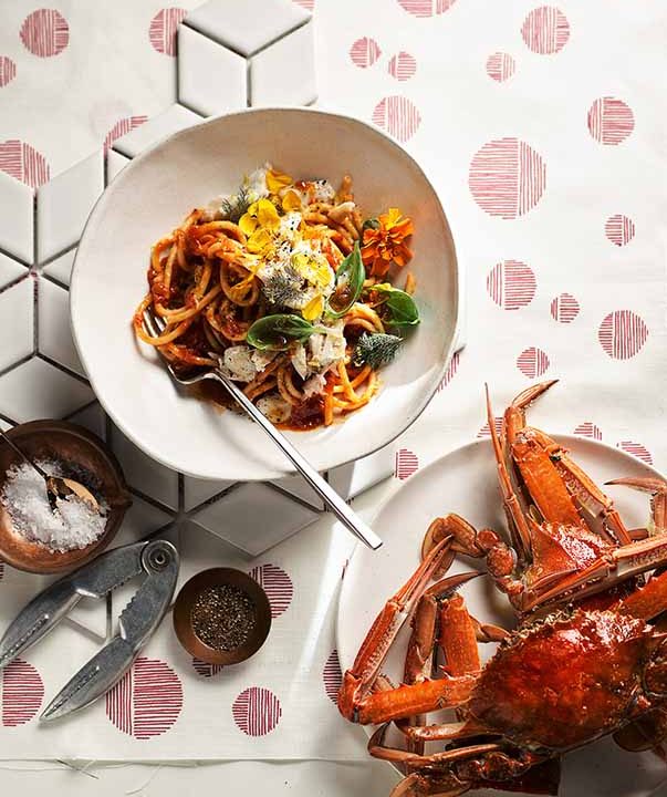 Blue swimmer crab with bucatini, tomato and verbena butter.