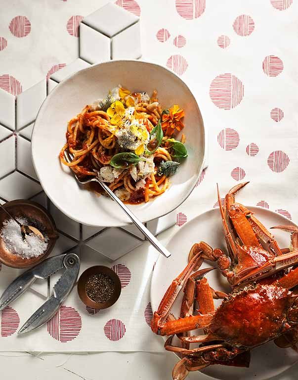 Blue swimmer crab with bucatini, tomato and verbena butter.