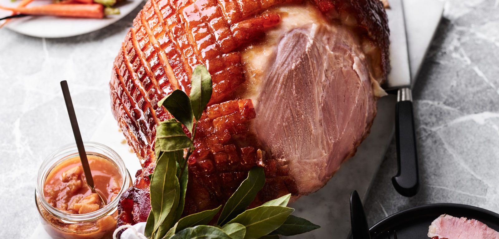 Recipe for bourbon, maple and mustard glazed ham with peach chutney and sides