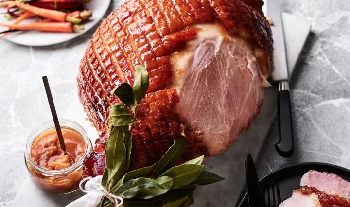 Recipe for bourbon, maple and mustard glazed ham with peach chutney and sides