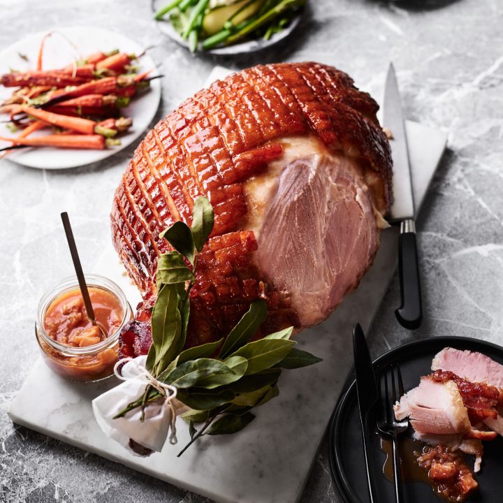 Recipe for bourbon, maple and mustard glazed ham with peach chutney and sides