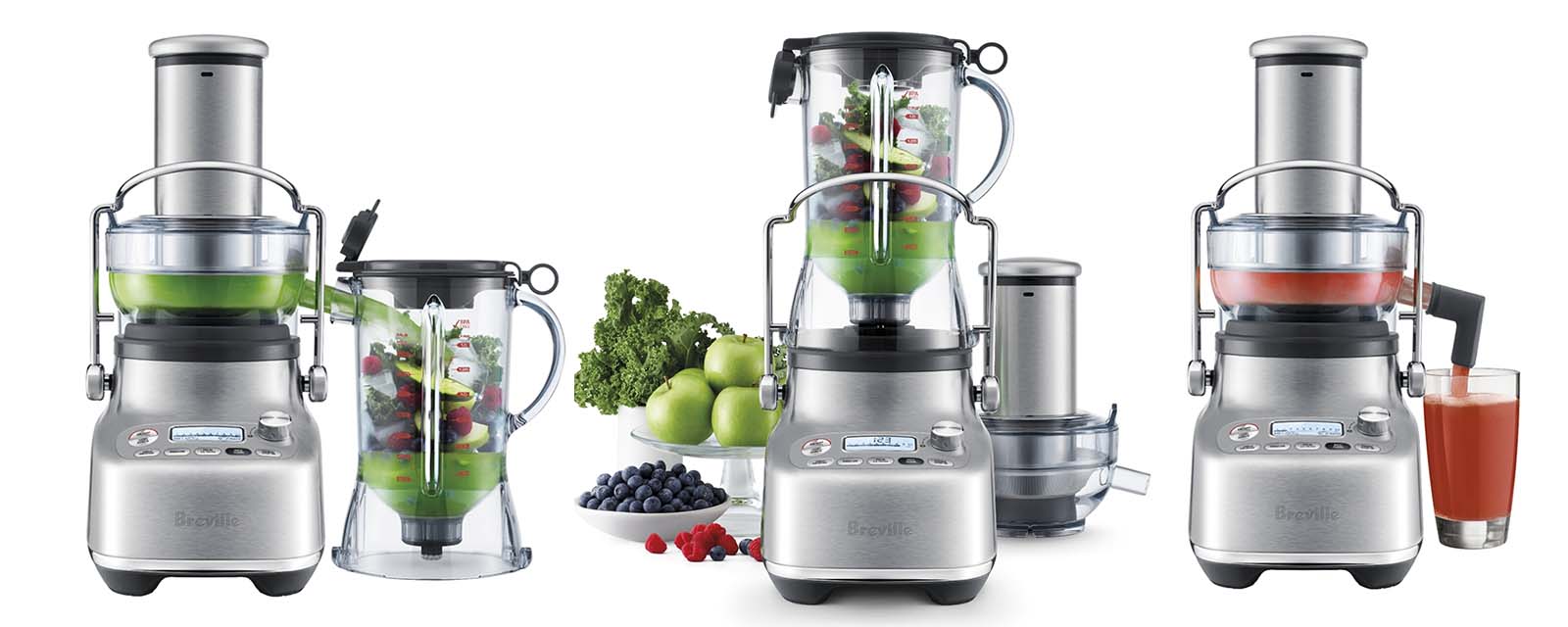 various images of Breville the 3X Bluicer Pro blending and juicing.