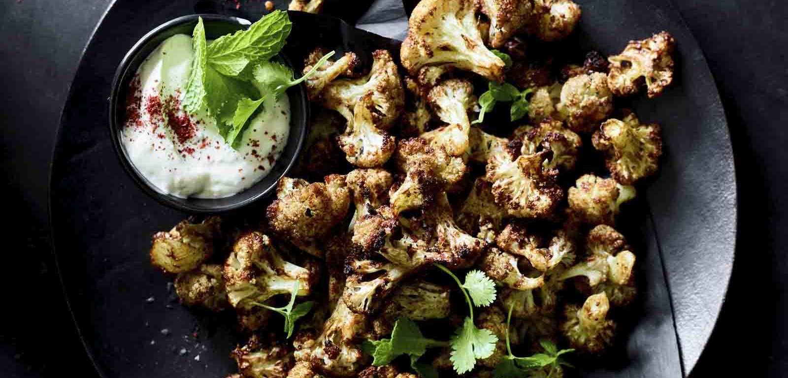Cauliflower Popcorn with Green Tahini Yoghurt Dip