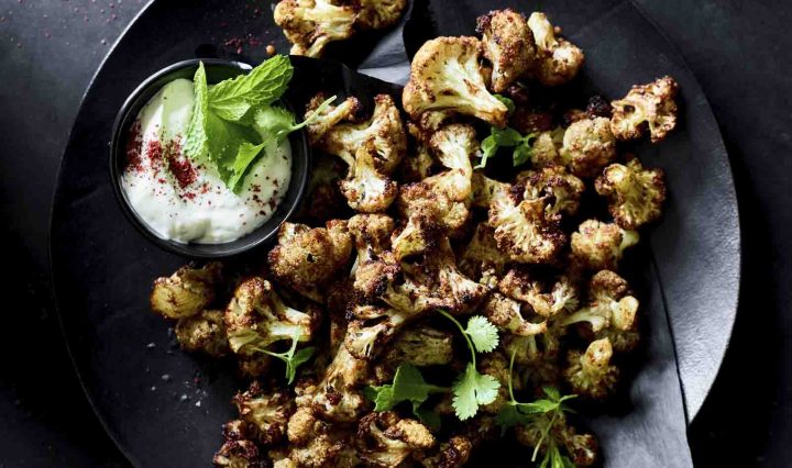 Cauliflower Popcorn with Green Tahini Yoghurt Dip