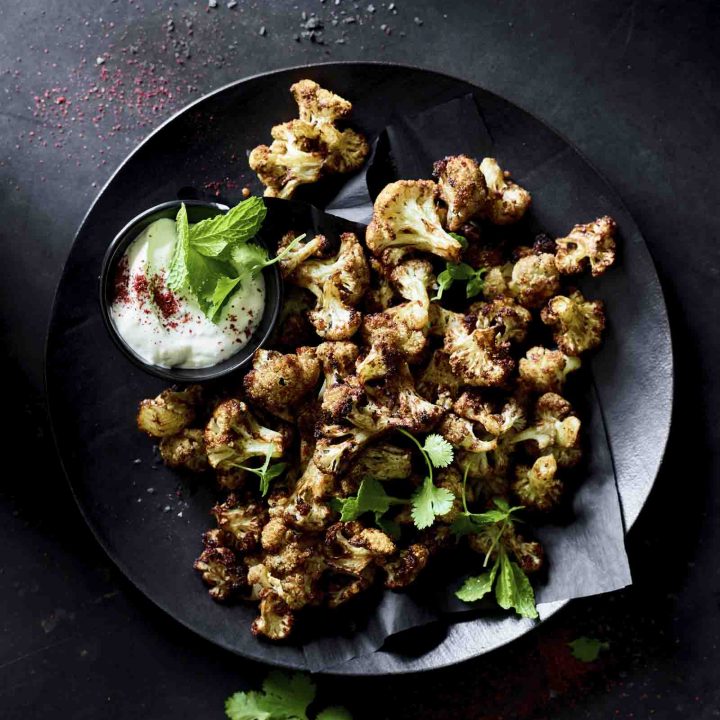 Cauliflower Popcorn with Green Tahini Yoghurt Dip