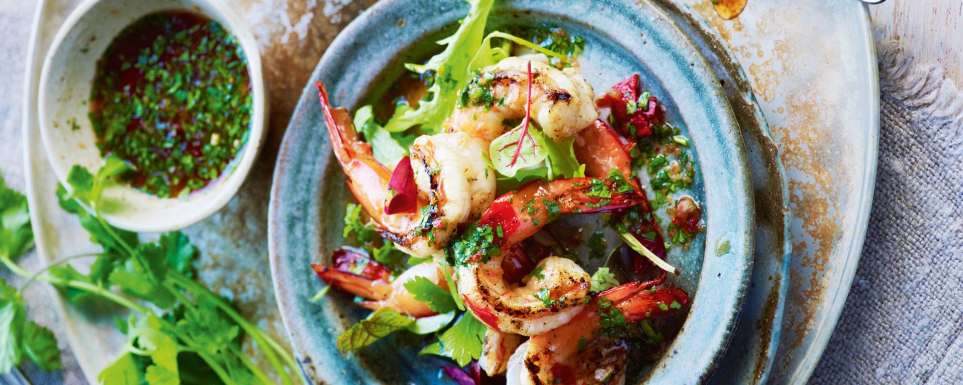 Charred lemongrass and lime prawns with spicy coriander dressing recipe