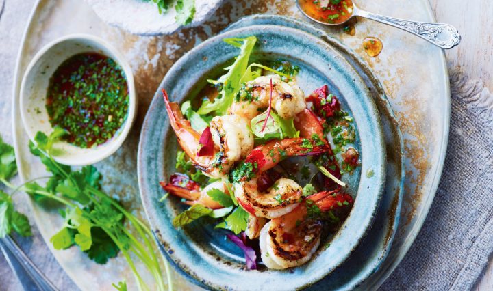Charred lemongrass and lime prawns with spicy coriander dressing recipe