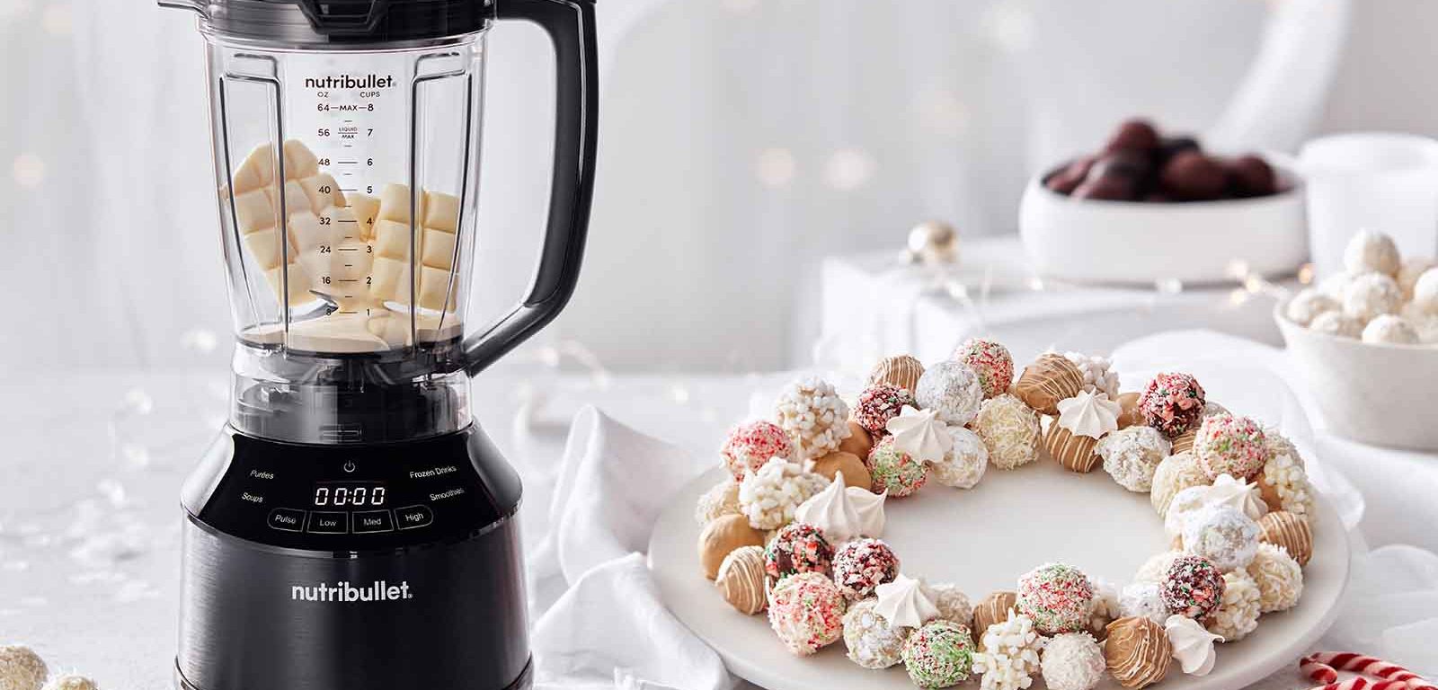 Chocolate Truffle Christmas Wreath next to a Nutribullet Blender.