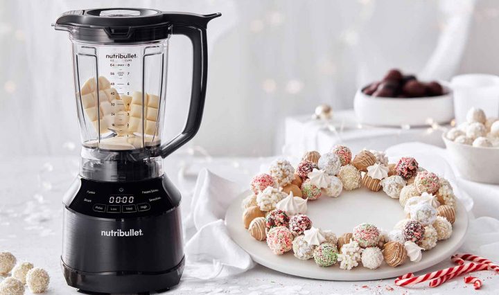 Chocolate Truffle Christmas Wreath next to a Nutribullet Blender.