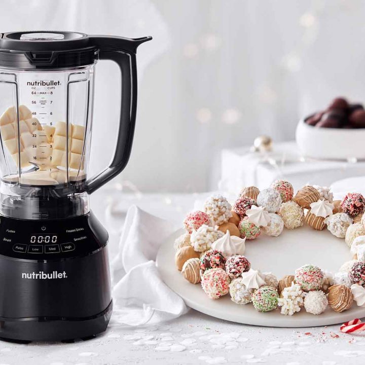 Chocolate Truffle Christmas Wreath next to a Nutribullet Blender.