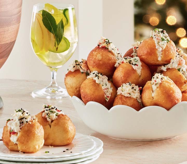 Ball-shaped doughnuts filled with a creamy crab, chilli and lemon mixture.