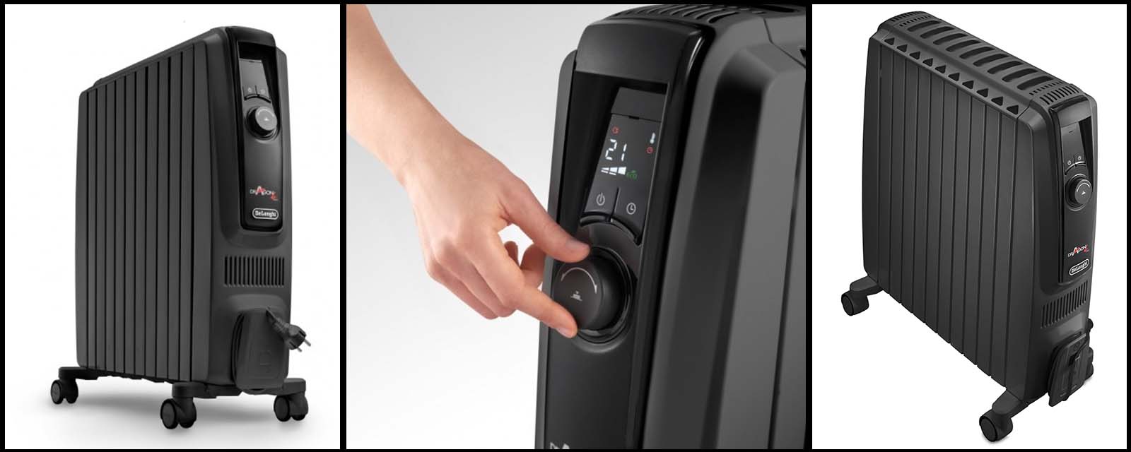 Three images of the DeLonghi Dragon 4 Pro Heater.