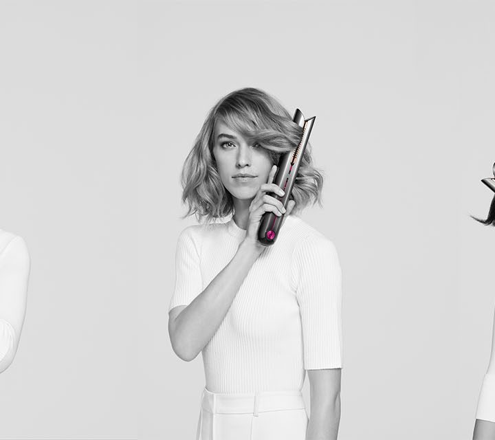 Three images of people using the Dyson Corrale Hair Straightener.