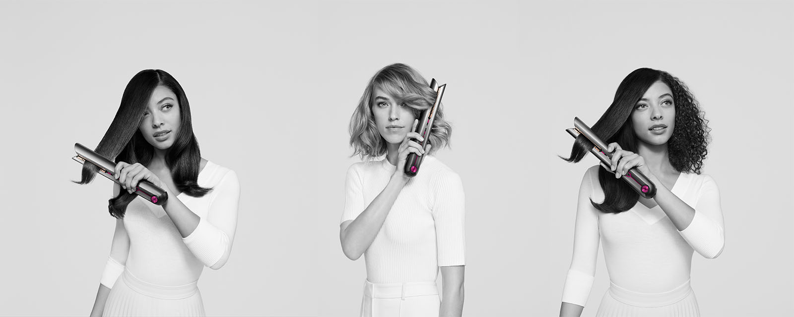 Three images of people using the Dyson Corrale Hair Straightener.