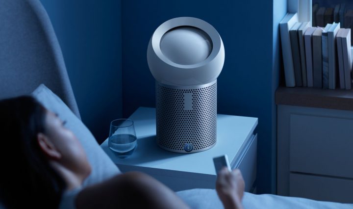 Dyson Pure Cool Me personal purifying fan next to bed.