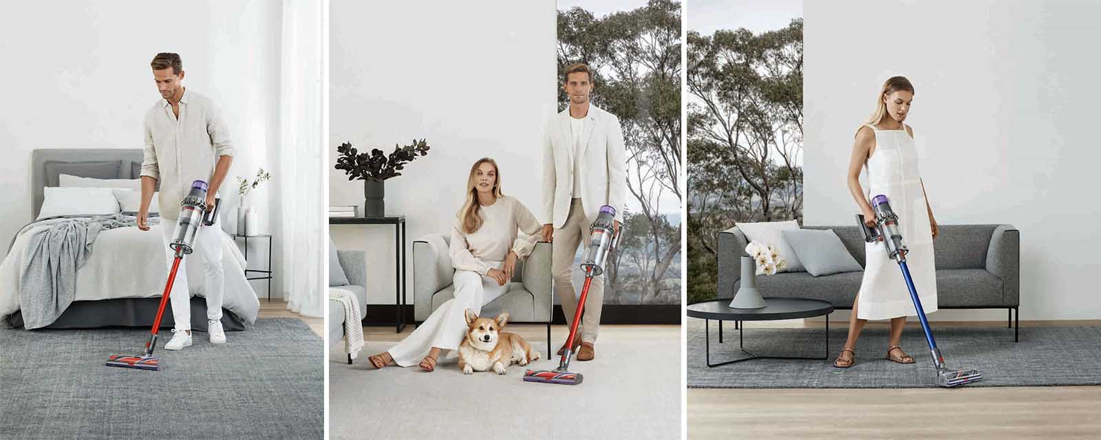 Images of a couple using the Dyson V11 Outsize Cordless Vacuum and the Dyson V11 Absolute Extra.