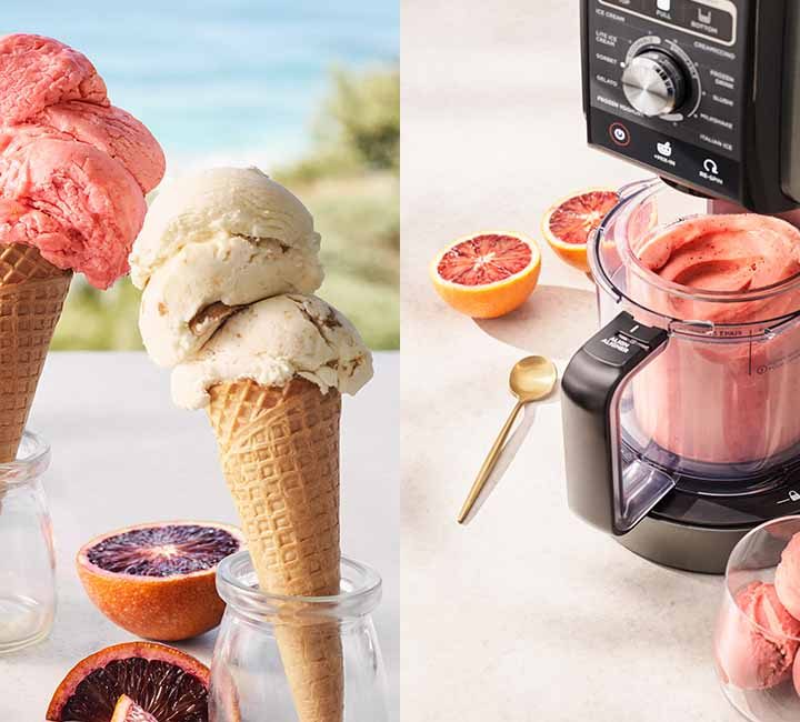 A collage image. On the left are two ice cream cones, one with a scoop of blood orange sorbet and the other with a scoop of biscoff yoghurt and caramel icecream. On the right is the Ninja CREAMi™ Deluxe 11-in-1 Ice Cream and Frozen Treat Maker with the blood orange sorbet inside.