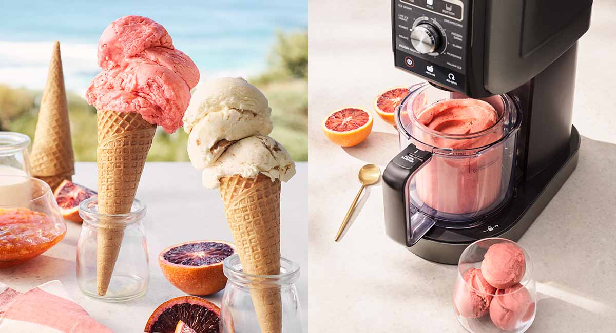 A collage image. On the left are two ice cream cones, one with a scoop of blood orange sorbet and the other with a scoop of biscoff yoghurt and caramel icecream. On the right is the Ninja CREAMi™ Deluxe 11-in-1 Ice Cream and Frozen Treat Maker with the blood orange sorbet inside.