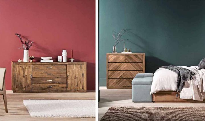 Dining and bedroom furniture in colourful rooms.