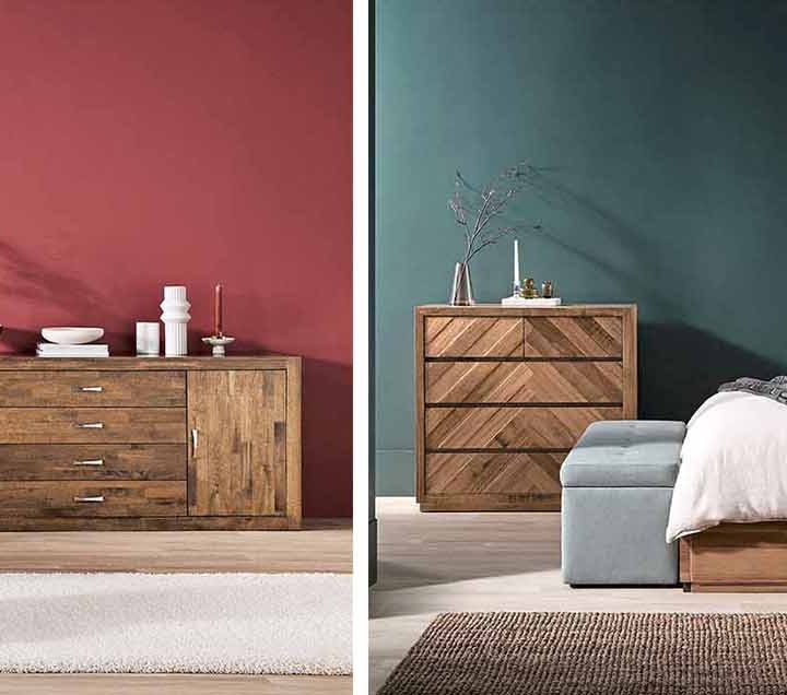 Dining and bedroom furniture in colourful rooms.