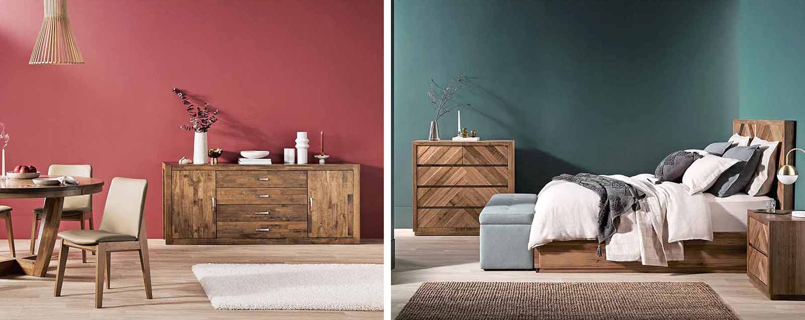 Dining and bedroom furniture in colourful rooms.