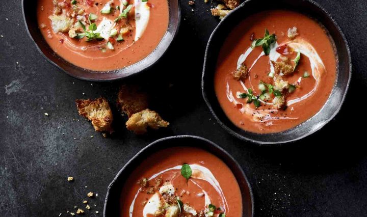 Gazpacho with Salsa and Rustic Croutons.