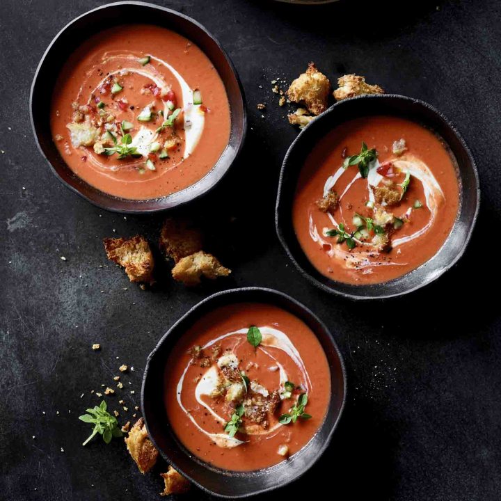 Gazpacho with Salsa and Rustic Croutons.