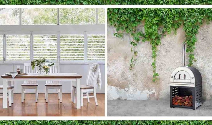 An indoor dining suite and pizza oven.