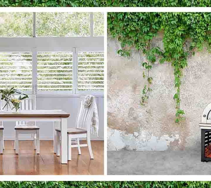 An indoor dining suite and pizza oven.