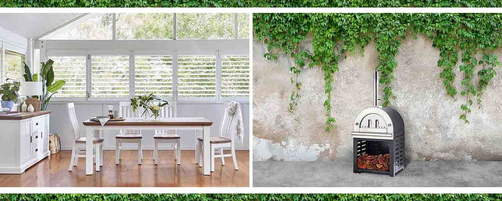 An indoor dining suite and pizza oven.