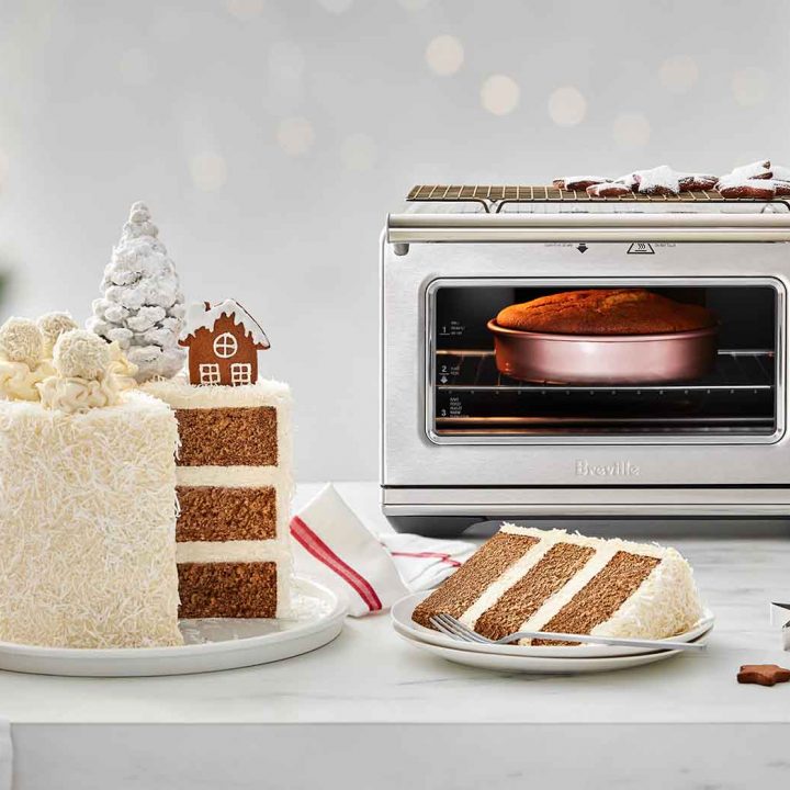 Gingerbread and Coconut Layered Cake next to the Breville Benchtop Oven.