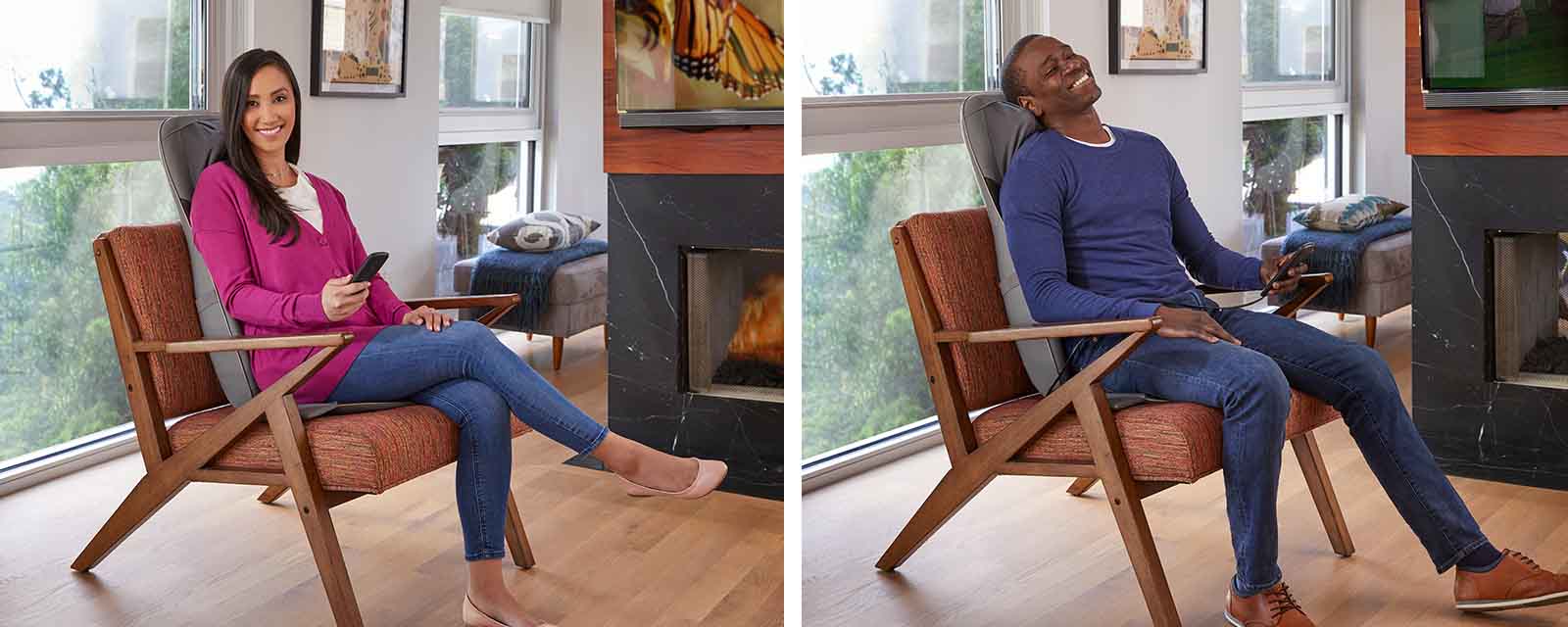 Two people using the HoMedics Shiatsu Elite II Back Massage Cushion.