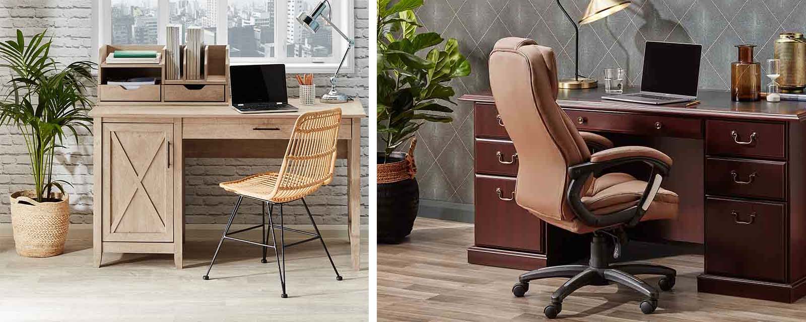 A relaxed home office setup and an executive home office setup.