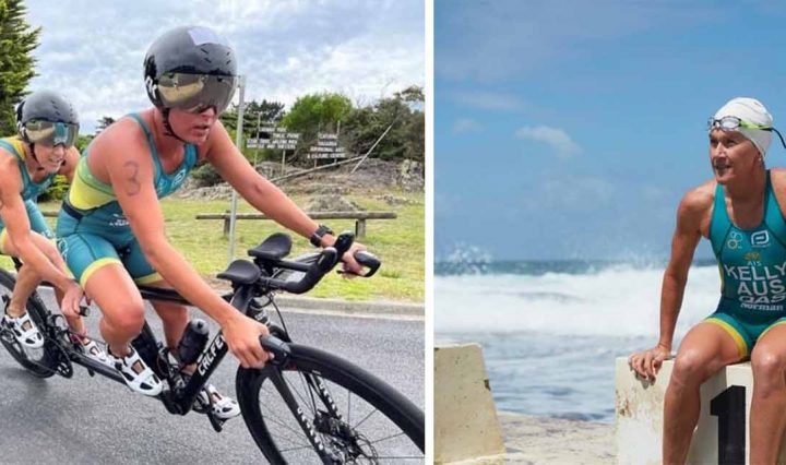 Pictures of Katie Kelly bike riding with guide and ready to swim.