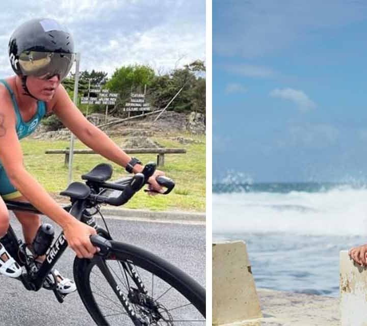 Pictures of Katie Kelly bike riding with guide and ready to swim.