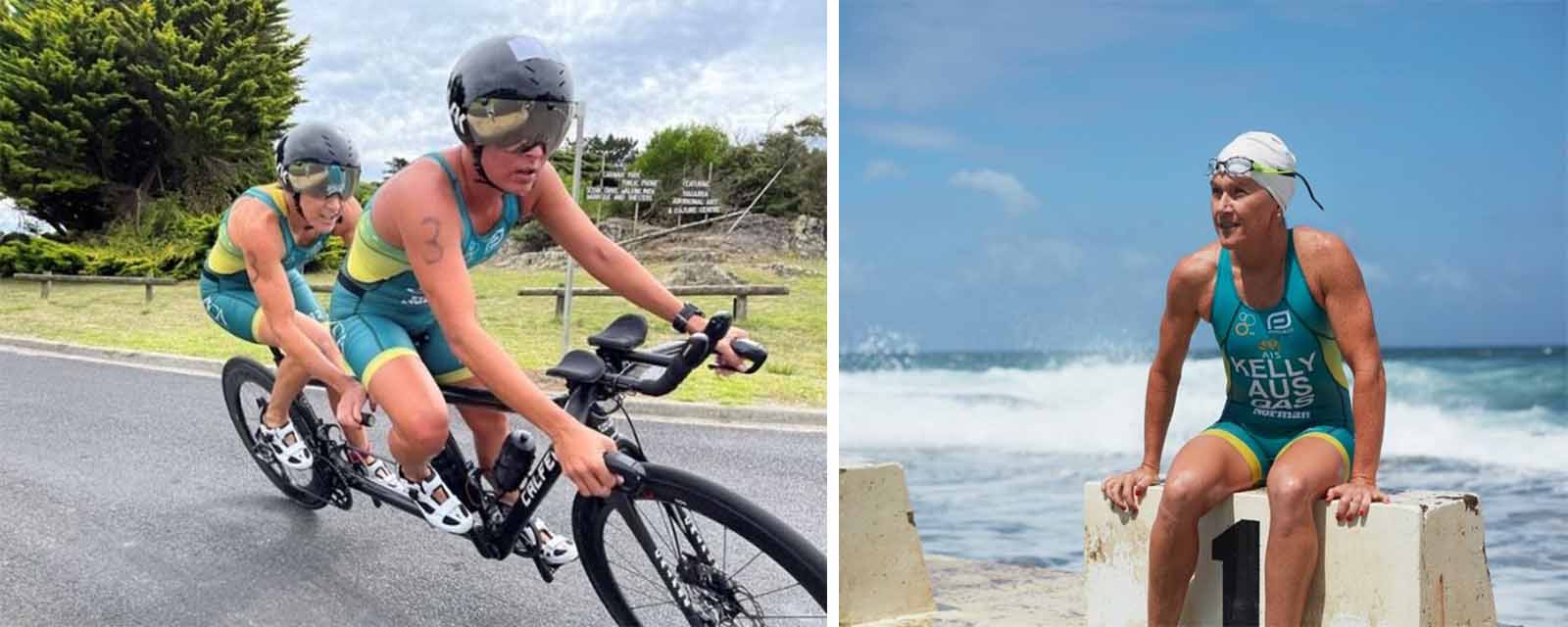 Pictures of Katie Kelly bike riding with guide and ready to swim.