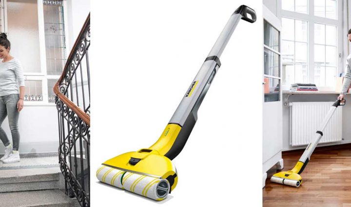 Karcher FC3 Cordless Hard Floor Cleaner being used on stairs and timber floor boards.
