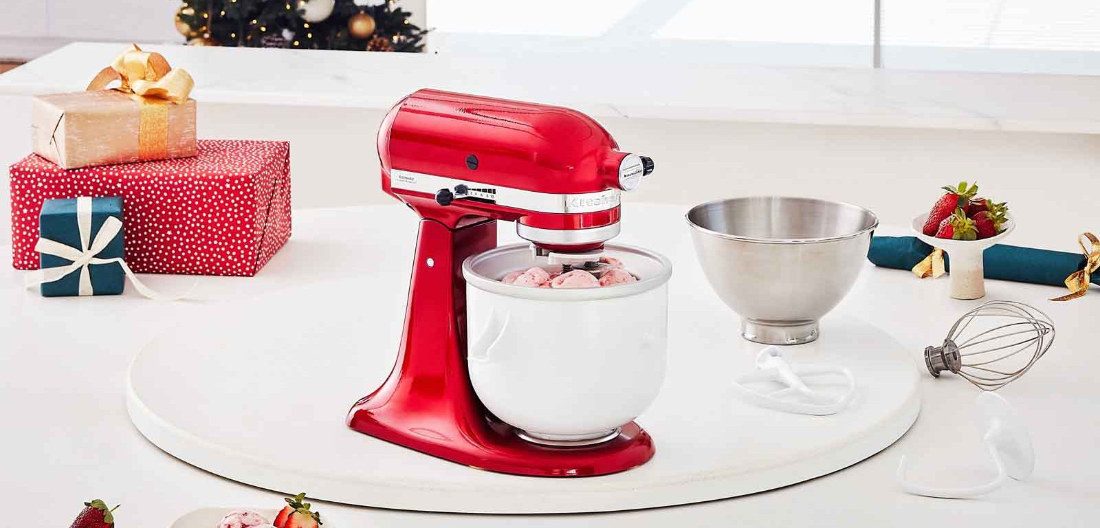 KitchenAid Artisan Stand Mixer creating mix for a Strawberry and Vanilla Bean Ice-cream Recipe.