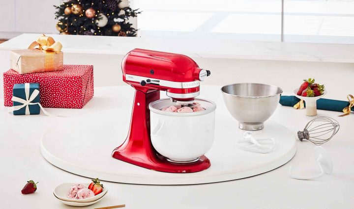 KitchenAid Artisan Stand Mixer creating mix for a Strawberry and Vanilla Bean Ice-cream Recipe.