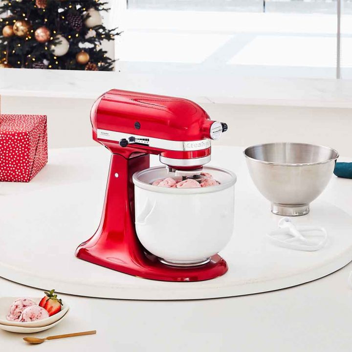 KitchenAid Artisan Stand Mixer creating mix for a Strawberry and Vanilla Bean Ice-cream Recipe.